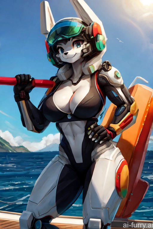 Yacht Woman Cleavage Happy Perfect Body Cyborg Working Out One 20s Mech Suit Warm Anime