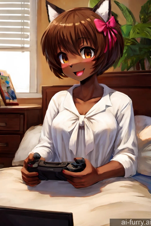 One Small Tits Casual 18 Woman Skinny Short Hair Happy Messy Front View Bows Gaming Blouse African Short Bedroom Soft Anime Brunette