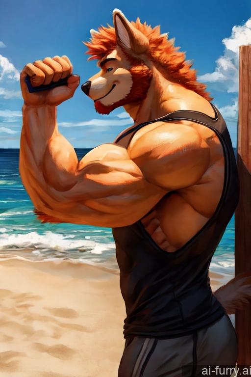 Muscular Tall Side View Messy Skin Detail (beta) Bright Lighting Detailed Happy Working Out Tank Top Bodybuilder 20s Ginger Beach Perfect Body