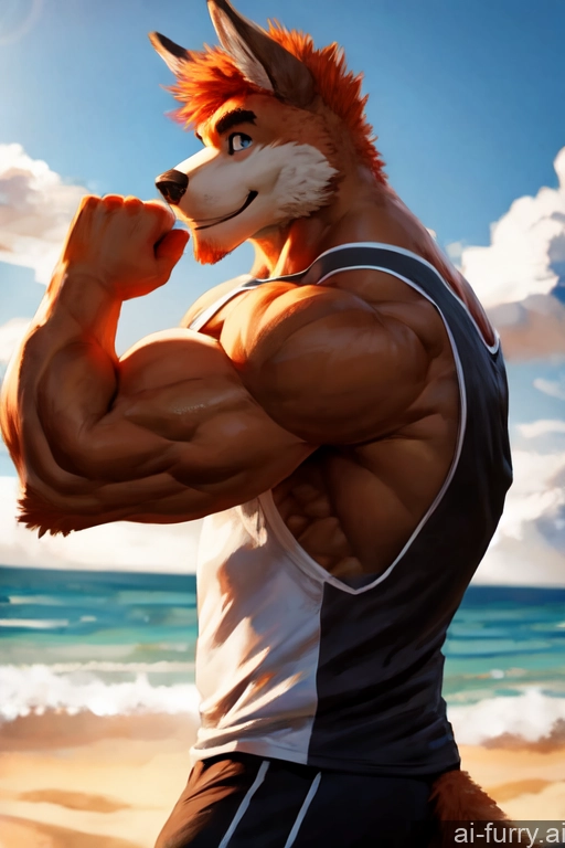 Skin Detail (beta) Beach Bright Lighting Muscular Happy Messy Side View 20s Detailed Working Out Perfect Body Ginger Tank Top Bodybuilder Tall