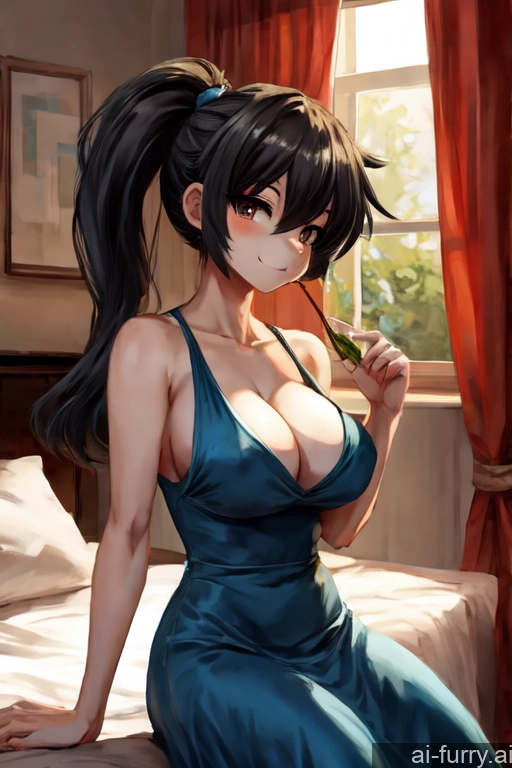 Soft Anime Ponytail Perfect Boobs Perfect Body Black Hair Woman Casual 20s Dress Seductive Bedroom