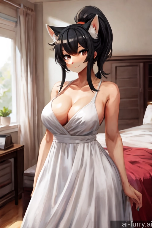 Seductive Ponytail Bedroom 20s Soft Anime Perfect Body Skin Detail (beta) One Black Hair Dress Perfect Boobs Casual Front View Woman