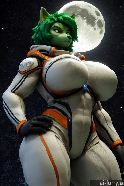 Space Suit Green Hair Japanese Milf Muscular 3d Moon One Huge Boobs Cyborg 30s Serious