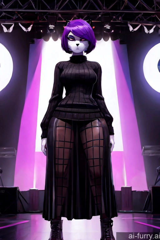 Busty Fur Woman Short Hair Goth Fishnet Big Ass Stage 18 Bobcut Detailed Sweater Tall Big Hips Purple Hair Casual Long Skirt One Serious