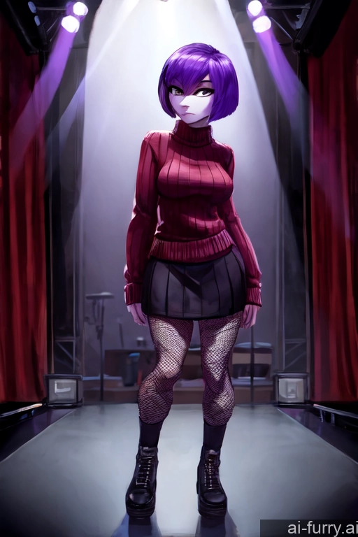 Fishnet Serious Fairer Skin Woman 18 Purple Hair Stage Long Skirt Busty Big Hips Bobcut Detailed Sweater Short Hair