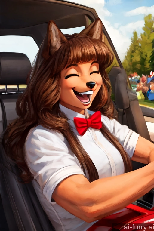 Happy Brunette Tanned Skin German Bangs Laughing Bow Tie Long Hair 40s Car Two