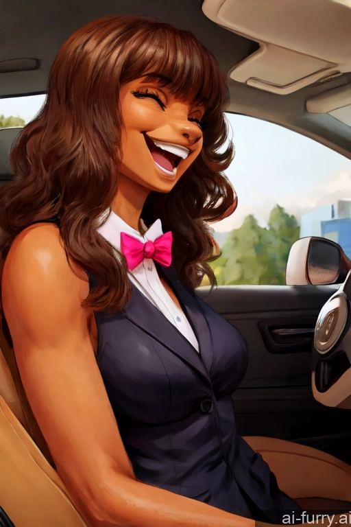 Bow Tie German Bangs 40s Car Long Hair Laughing Brunette Happy Two Tanned Skin