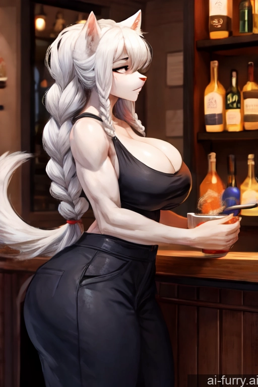 Dark Lighting Huge Boobs Busty Big Ass Braided Long Hair Detailed Scandinavian Bar Tall Cleavage Beautiful 18 Side View Serious Abs Big Hips Cooking Woman Warm Anime Model Waitress Ahegao White Hair