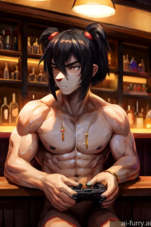 Warm Anime Bright Lighting Serious Black Hair 20s Topless Detailed Gaming Jewelry Front View Bar Gold Jewelry Woman + Man Pigtails Bobcut Messy Muscular