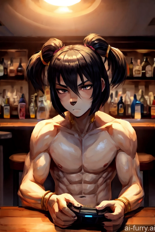 Black Hair 20s Muscular Jewelry Woman + Man Warm Anime Serious Bright Lighting Messy Topless Pigtails Gold Jewelry Gaming Bar Detailed Front View Bobcut