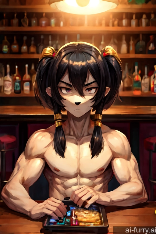 Pigtails Jewelry Bright Lighting Bobcut Serious 20s Topless Front View Messy Detailed Gaming Bar Gold Jewelry Warm Anime Muscular Black Hair Woman + Man