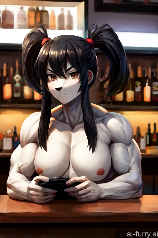 Beautiful 20s Muscular Woman + Man Cafe One Bodybuilder Pigtails White Gaming Athlete Perfect Body Front View Serious Black Hair Bobcut Soft Anime Bar