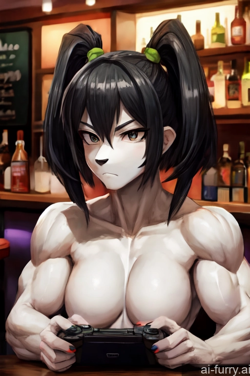 Bar 20s Bodybuilder Gaming Front View Perfect Body Cafe Black Hair Pigtails Muscular Serious Beautiful Bobcut One Soft Anime White Woman + Man Athlete