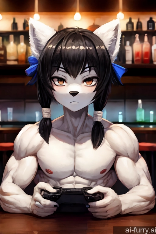 Black Hair Woman + Man White Perfect Body Pigtails Athlete One Beautiful Serious Gaming Soft Anime 20s Cafe Bar Front View Muscular Bodybuilder Bobcut