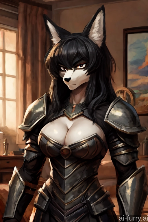 Serious Straight Simple Painting Black Hair Fantasy Armor Russian Crisp Anime Bedroom Working Out Cleavage Front View 30s Tall One Muscular Woman