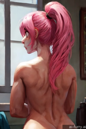 Pink Hair Ponytail One Beautiful Back View Shocked Woman