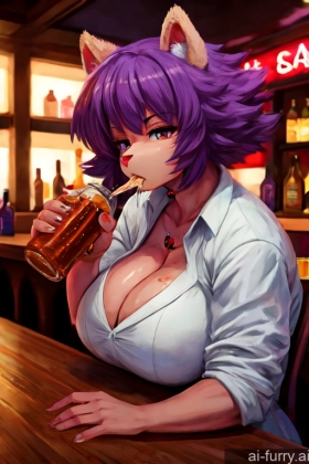 Messy Thick 30s Beer Huge Boobs Bar Bright Lighting Eating Turkish Purple Hair 80s Soft Anime Serious Woman