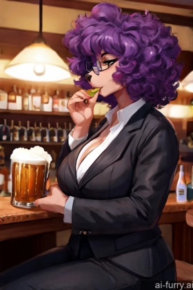 Serious Glasses Soft Anime 80s Casual Messy Side View Teacher 30s One Huge Boobs Cleavage Beer Bright Lighting Bar Eating Seductive Big Ass Tall Woman Simple Milf Curly Hair Turkish Purple Hair