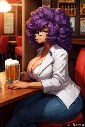 Big Ass Huge Boobs Seductive 30s Curly Hair Purple Hair Messy Tall Soft Anime Bar Woman One Teacher Side View Serious Beer Eating Casual Bright Lighting Simple Milf Turkish 80s Glasses Cleavage