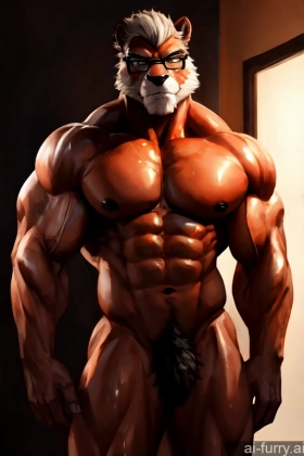 60s Serious Oiled Body Tall Bodybuilder Partially Nude Sexy Face Dark Lighting Glasses Seductive Muscular