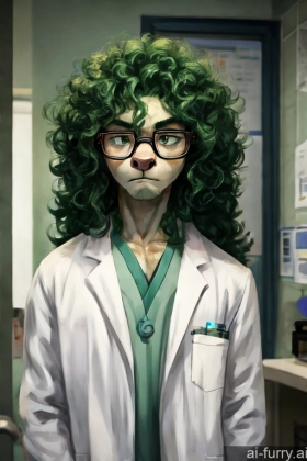 Teacher Glasses Athlete Hospital Detailed Messy Front View Doctor Fairer Skin Lab Coat Film Photo One Green Hair Long Hair 20s Serious Curly Hair Bright Lighting