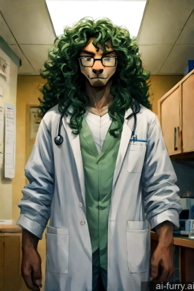 Lab Coat Film Photo Front View Serious Hospital Teacher One Fairer Skin Doctor Curly Hair Athlete Messy Detailed Bright Lighting 20s Glasses Green Hair Long Hair