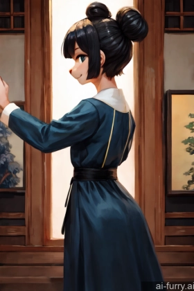 Back View Japanese Front View One T-pose Woman Happy Bobcut Black Hair 18 Dress Hair Bun Side View Painting