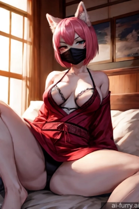 Serious Bathrobe Japanese Perfect Body Short One Soft Anime Front View Tall Black Hair 18 Lingerie Nightgown Woman Busty Bobcut Bright Lighting Pink Hair Long Skirt Beautiful Bedroom Face Mask Simple Spreading Legs Partially Nude Pouting Lips Mesh