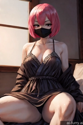 Japanese Serious One Soft Anime Mesh Tall Bathrobe Busty Lingerie Front View Woman Pink Hair Short Black Hair 18 Pouting Lips Nightgown Bobcut Partially Nude Spreading Legs Bedroom Perfect Body Simple Beautiful Face Mask Long Skirt Bright Lighting