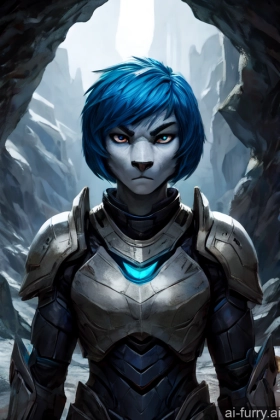 One Bobcut 18 Dark Fantasy Blue Hair Detailed Front View Cave Dark Lighting Muscular White Short Hair Sci-fi Armor Serious