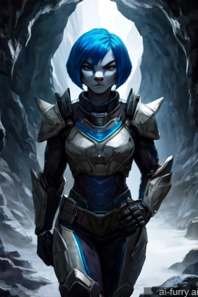 Dark Fantasy One Serious Muscular Dark Lighting Front View Detailed 18 White Sci-fi Armor Short Hair Cave Blue Hair Bobcut