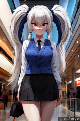 Mall Bright Lighting 18 Mini Skirt Crisp Anime Cosplay One Short Serious Front View Woman White Hair Japanese Close-up View Pigtails