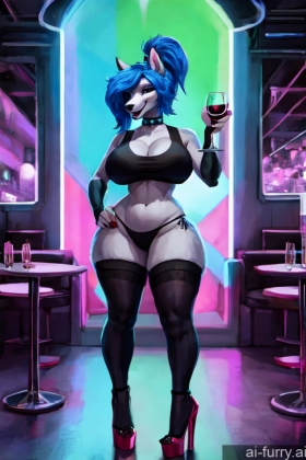 Big Hips Milf Russian Choker Stockings Wine Short Shorts 30s Ponytail High Heels Bright Lighting Thong Crop Top Cyberpunk Club Blue Hair Happy Perfect Boobs