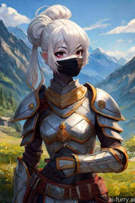 Soft Anime White Face Mask Woman Skinny White Hair Seductive Two Ponytail Mountains Fantasy Armor Beautiful Hair Bun