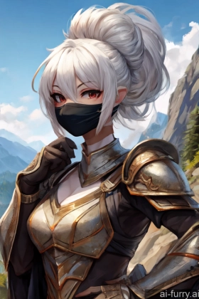 Woman Fantasy Armor Seductive Beautiful Ponytail Mountains Hair Bun Soft Anime Two White Face Mask White Hair Skinny