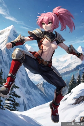 Short Hair Ponytail Skinny Painting Mountains Woman Small Ass Fantasy Armor Pink Hair Small Tits Snow Athlete 20s Jumping Soft Anime One Serious