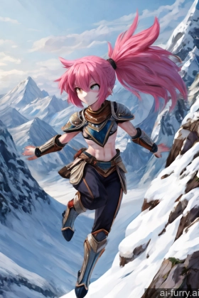 Short Hair Athlete Painting Woman Skinny Snow Serious Pink Hair Small Tits Small Ass Fantasy Armor One Ponytail 20s Jumping Soft Anime Mountains