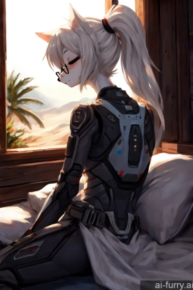 Dark Lighting Simple Mech Suit Skinny Seductive Soft Anime Small Tits Oasis Back View White Hair Ponytail Shirt Perfect Body One Woman Glasses 20s Sleeping