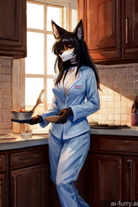 Russian Fur Beautiful Long Hair Athlete Gloves Seductive Pajamas 20s Long Legs Tall Cooking Skinny Black Watercolor Serious Soft Anime Woman Detailed Bright Lighting Perfect Boobs Kitchen Black Hair Choker