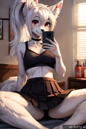 Happy Soft Anime Mini Skirt Detailed Bedroom Woman One White Hair Mesh Ponytail Bright Lighting Skinny Spreading Legs African Mirror Selfie Fur 18