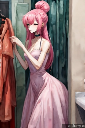 Dark Fantasy Pink Hair Watercolor 20s Changing Room Choker Soft Anime Dress Tall Cyborg Hair Bun Long Hair Woman Blowjob Skinny Cumshot