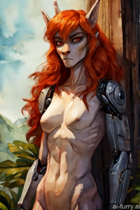 Serious Pixie Cyborg Ginger Skinny Mongolian Watercolor Woman