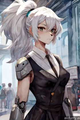 Dress Woman White Hair Two Cyborg Fur German Skinny Watercolor Ponytail Soft Anime