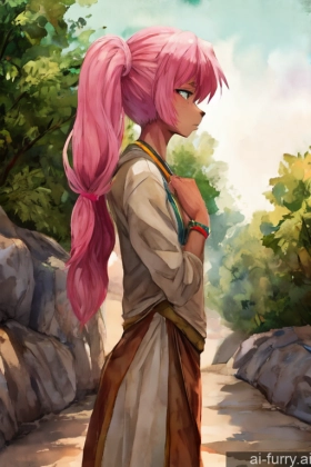 Soft Anime 30s Skinny Tall Sad Pigtails Athlete Fur Pink Hair Watercolor Woman One African