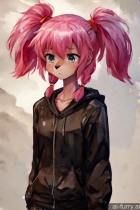 Tall Pink Hair African 30s Watercolor Athlete Fur One Skinny Pigtails Woman Soft Anime Sad