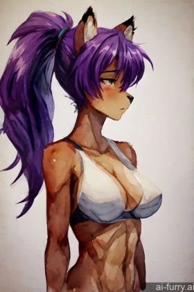 20s Skinny Woman Purple Hair African Soft Anime Tall Athlete Fur One Perfect Boobs Ponytail Sad Watercolor