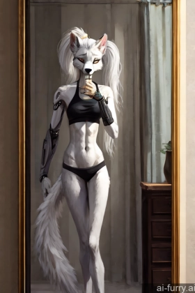 Woman Fur White Hair Sad Skinny Ponytail African Cyborg 20s Mirror Selfie White Tall