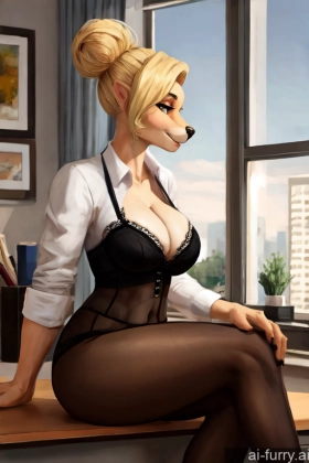 Pantyhose Hair Bun Office Side View Milf Seductive Painting One Secretary 40s Blonde Cleavage Woman Lingerie