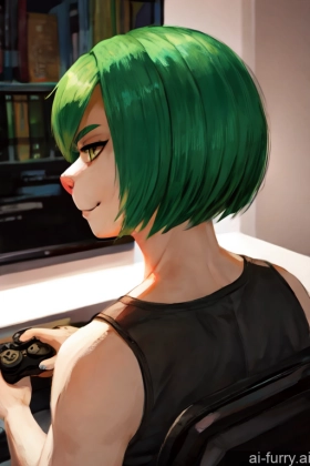 One 18 Front View Cosplay Close-up View Back View Sexy Face Gaming Side View Bobcut Green Hair Bedroom