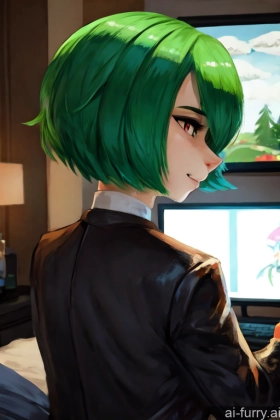 Sexy Face Cosplay 18 Green Hair One Front View Gaming Back View Close-up View Bedroom Bobcut Side View